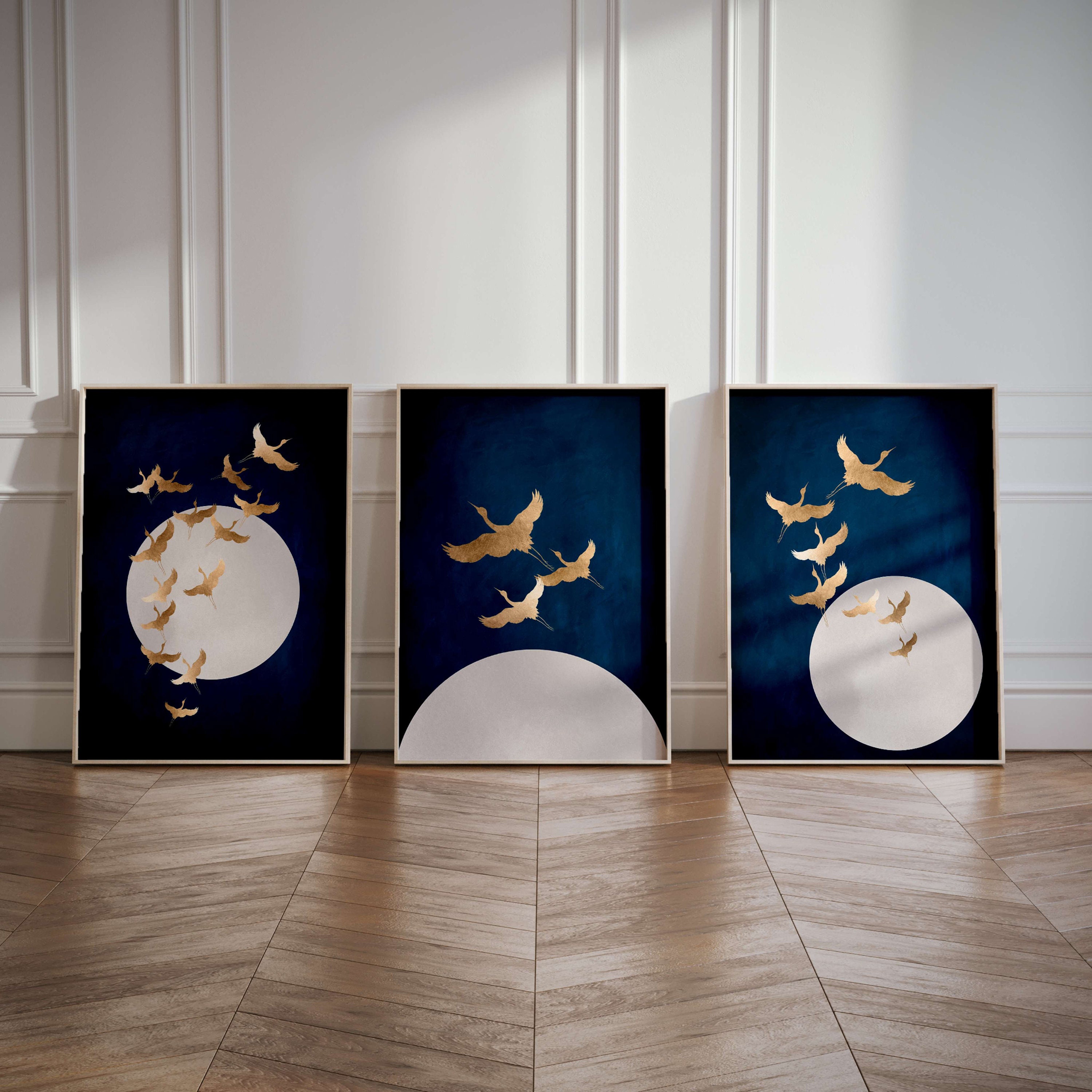 Blue Cranes & Moon Wall Art, Gold Wall Art, Set of 3 Prints, Japanese ...
