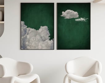 Emerald Green Clouds Wall Art Prints, Set of 2 Prints, Moody Wall Art, Minimalist, Cloud Poster, Living Room Decor, Poster, Giclée, Large