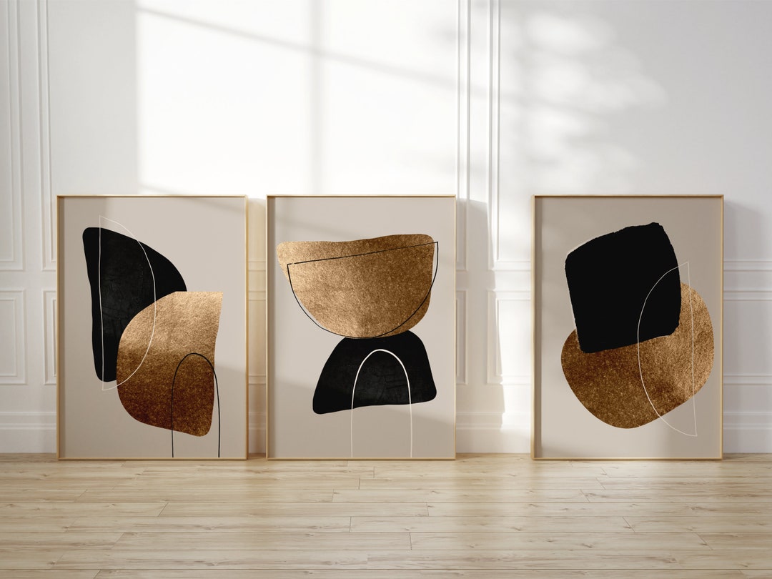 Black and Gold Abstract Set of 3 Prints, Mid Century Modern Wall Art ...