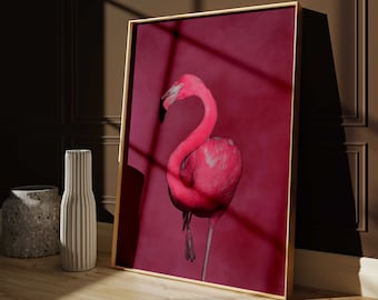 Berry Pink Flamingo Wall Art Print, Colorful Wall Art, Flamingo Poster, Large Wall Art, Maximalist Decor, Living Room Decor, Eclectic