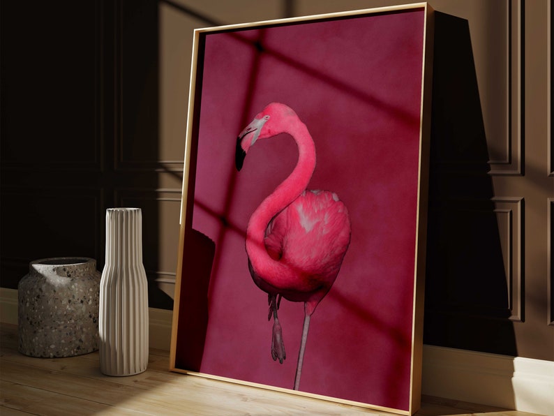Berry Pink Flamingo Wall Art Print, Colorful Wall Art, Flamingo Poster, Large Wall Art, Maximalist Decor, Living Room Decor, Eclectic image 1