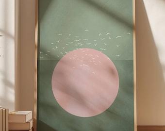 Sage Green Wall Art print, Flying Birds and Sun Japandi Art Print, Abstract Art, Living Room Decor, Large, Japanese Wall Art, Pink and Green