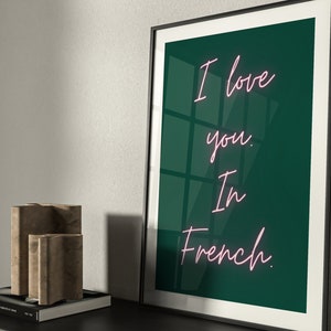 Kocham Cię w druku francuskim · Emerald Green Wall Art · CYFROWE POBIERANIE Różowa sztuka ścienna · Pop Art · Wydrukowana sztuka ścienna · Wystrój plakatu francuskiego