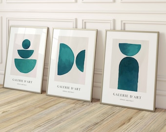 Teal Mid Century Modern Wall Art, Set of 3 Prints, Abstract Art, Gallery Wall Set, Living Room Decor, Bedroom, Large, Turquoise, Poster