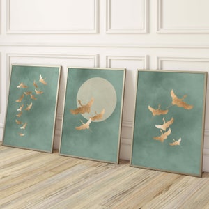 Sage Green Cranes Wall Art Prints, Set of 3 Prints, Japanese Wall Art ...