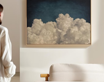 Dark Blue Cloud Canvas Wall Art, Horizontal Framed Art, Large Living Room Decor, Zen Vintage Art, Minimalist Sky Art, Moody Wall Art