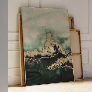 Green and Gold Wall Art, Abstract Art Print, Emerald Green Decor, Watercolour Painting, Living Room Decor, Minimalist, Wabi Sabi Wall Art