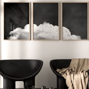 Black and White Cloud Wall Art, Set of 3 Prints, Monochrome, Above Bed Decor, Bedroom Decor, Cloud Poster, Minimalist Wall Art, Dreamy image 2