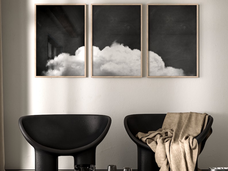 Black and White Cloud Wall Art, Set of 3 Prints, Monochrome, Above Bed Decor, Bedroom Decor, Cloud Poster, Minimalist Wall Art, Dreamy image 2