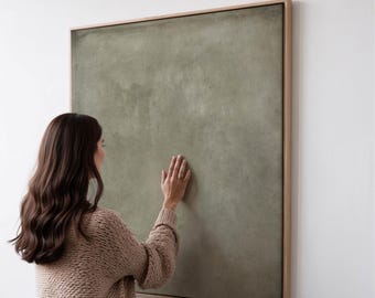 Peut inclure: Une grande œuvre d'art sur toile carrée vert olive dans un cadre en bois clair. Une personne touche la toile avec sa main. L'œuvre est accrochée à un mur blanc.
