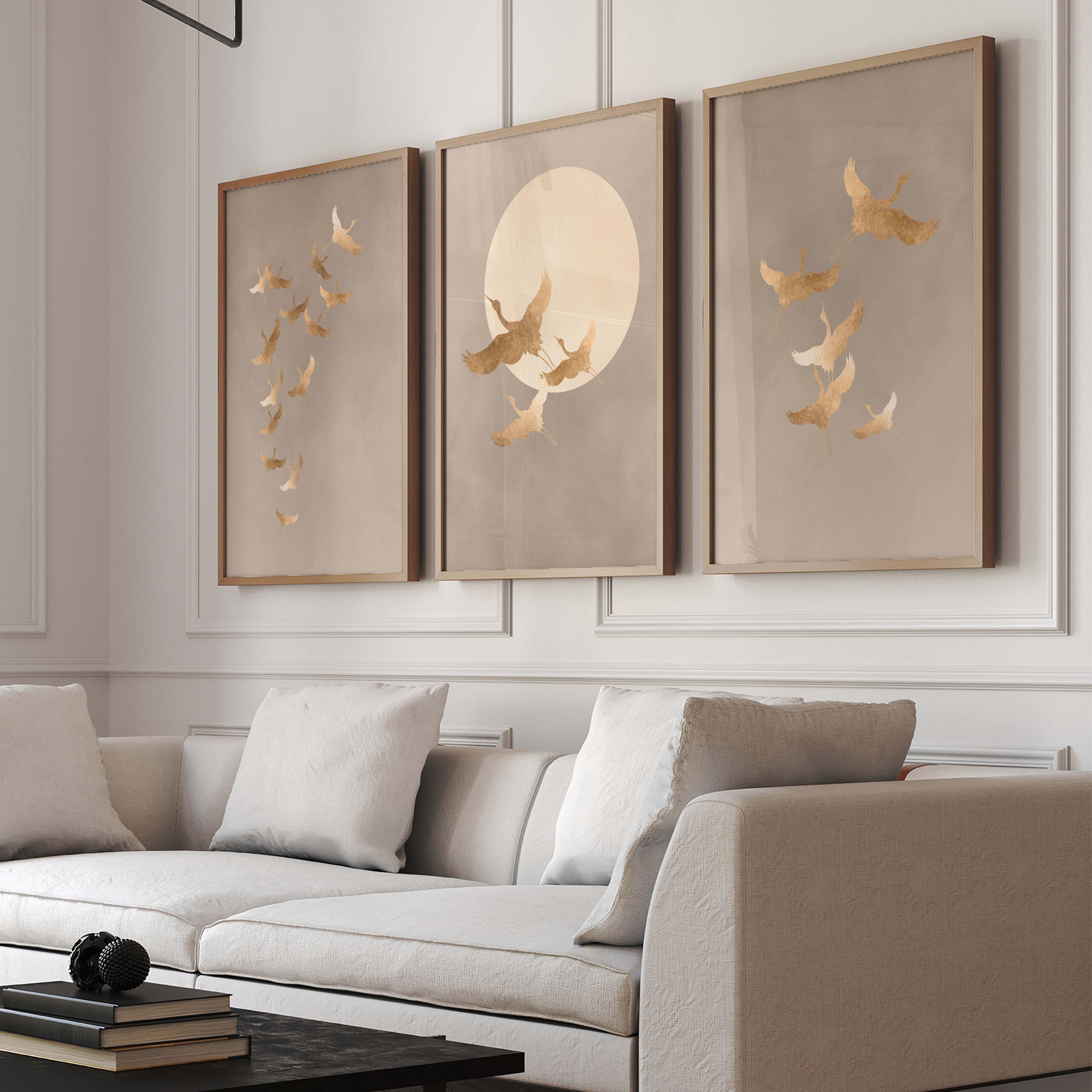 Gold Cranes Japanese Wall Art Prints, Set of 3 Prints, Beige