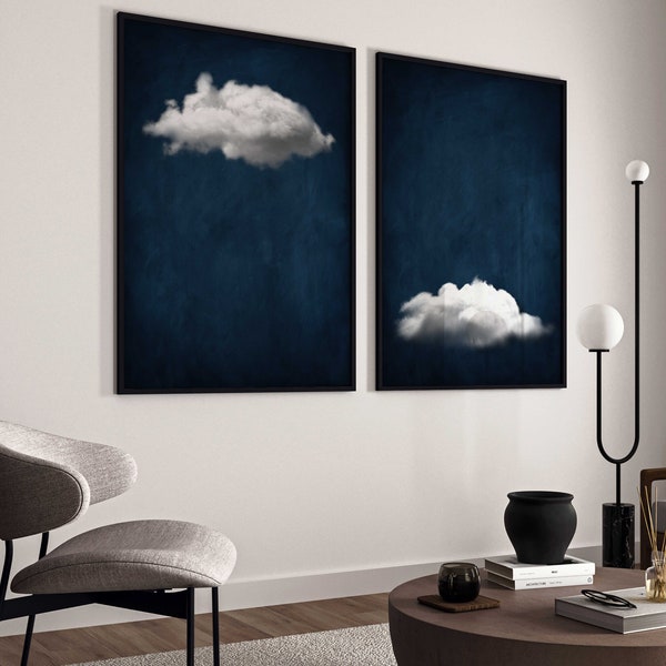 Donkerblauwe wolken set van 2 prints, surrealistische kunst aan de muur, minimalistische kunst aan de muur, maximalistisch decor, Cloud poster, Dark Academia decor, decor van het huis