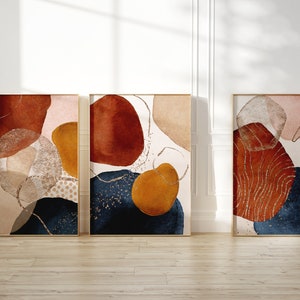 Terracotta Abstract Printable Wall Art · Set of 3 Prints · Navy Gold · Digital Download · Gallery Wall Set · Living Room Decor · Bedroom