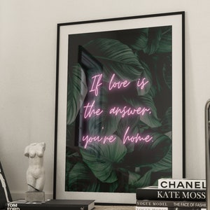If Love is The Answer You&#39;re Home Print · Neon Sign Print · Botanical Wall Art · Emerald Green and Pink Wall Art · Living Room Wall Decor