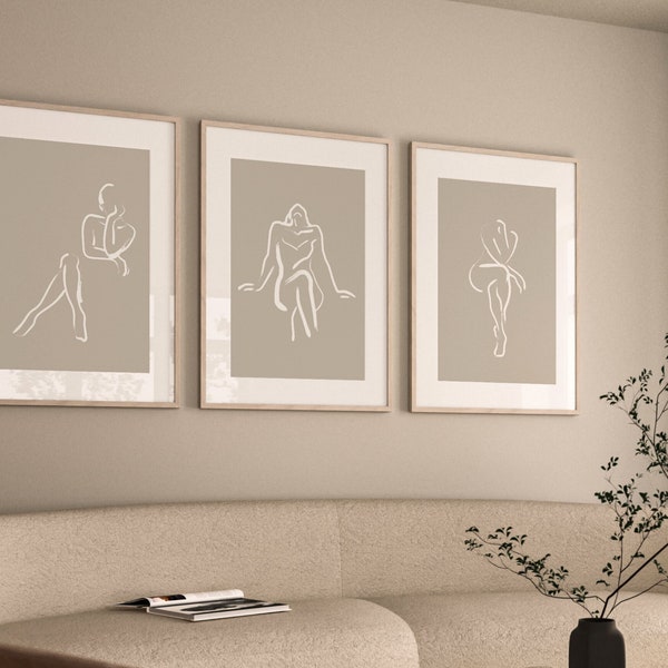 Neutral Line Drawing Wall Art, Set of 3 Prints, Minimalist Wall Art, Female, Living Room Decor, Abstract Art, Japandi, Scandi, Nordic