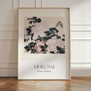 Japanese Wall Art, Hokusai Wall Art Print, Peonies, Japandi Art, Exhibition Poster, Living Room Decor, Large, Eclectic Japanese Print