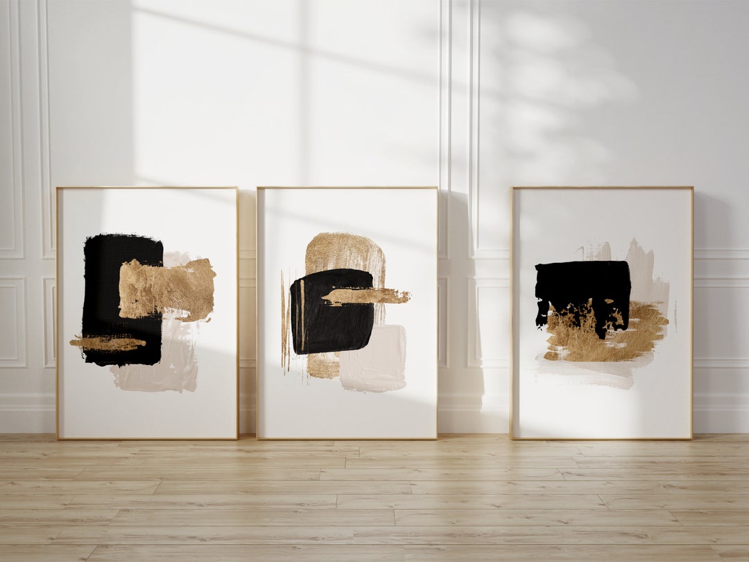 Black and Gold Wall Art Set of 3 Prints · Abstract Art · Minimalist ...