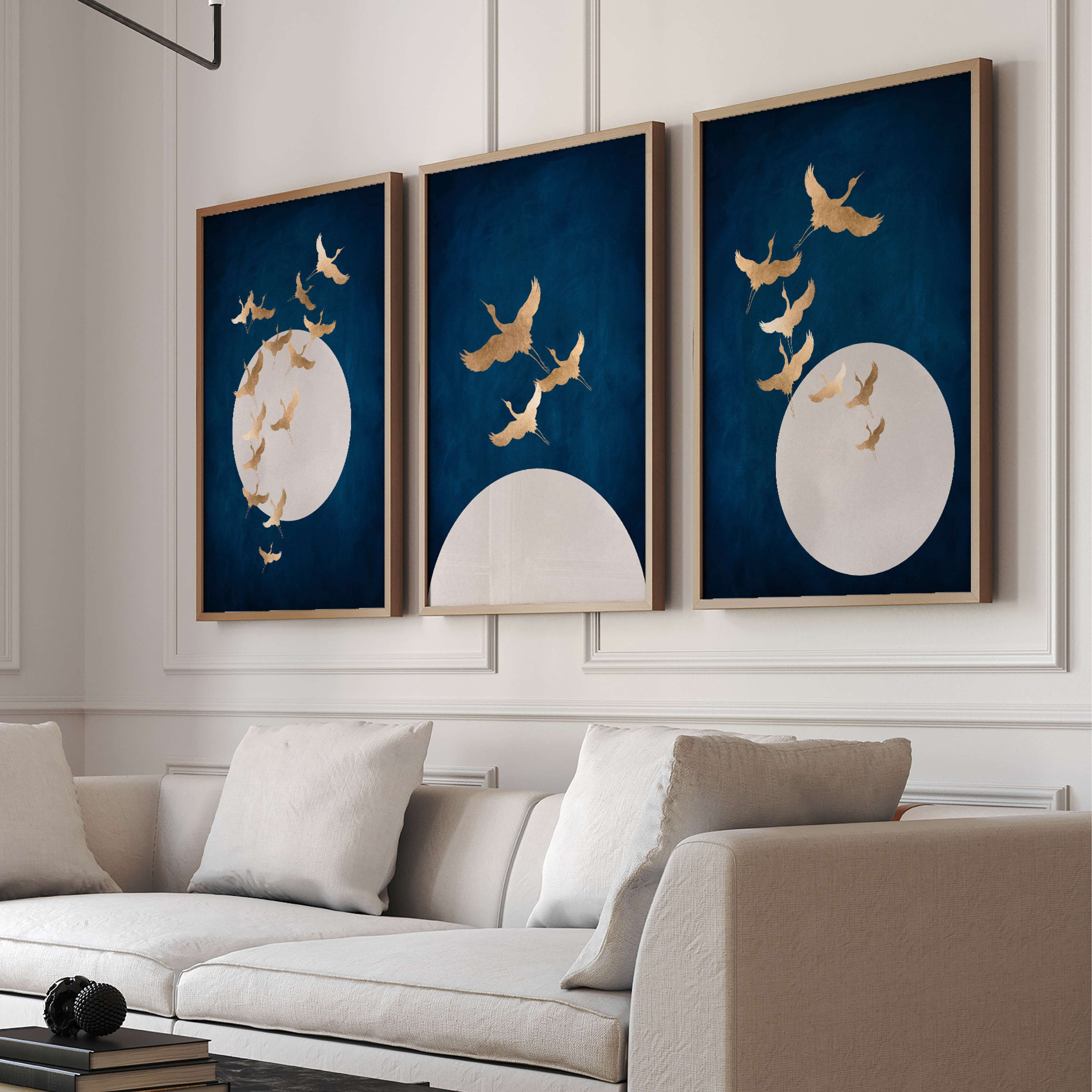 Blue Cranes & Moon Wall Art, Gold Wall Art, Set of 3 Prints, Japanese ...