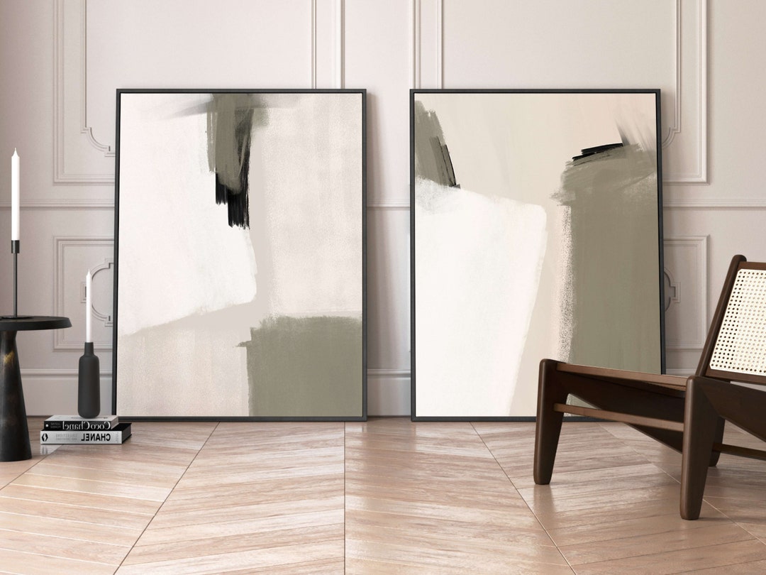 Framed Canvas Wall Art, Sage Green Decor, Set of 2 Abstract Art Print