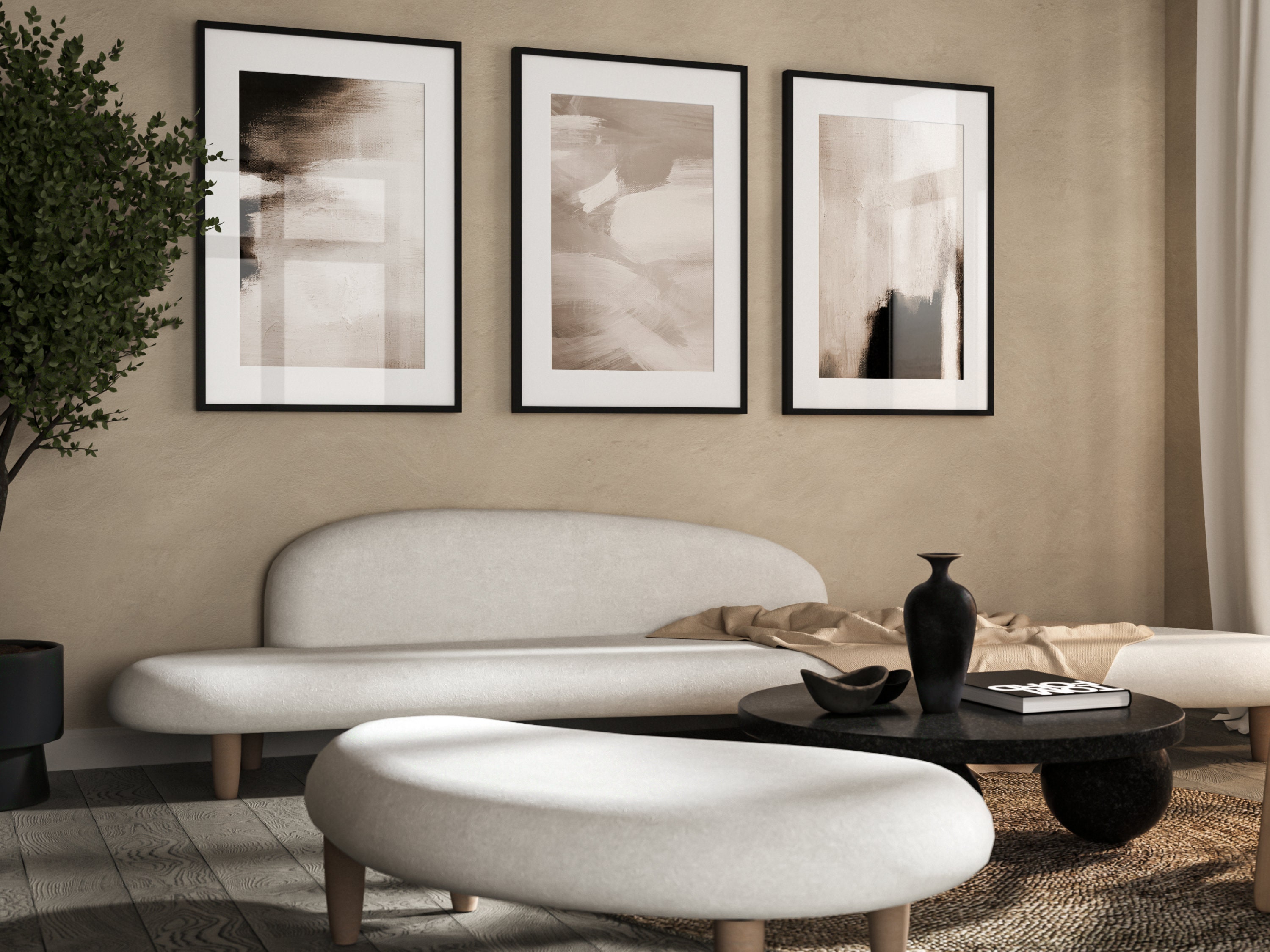 Minimalist Wall Art, Set of 3 Prints, Abstract Art Painting, Beige ...