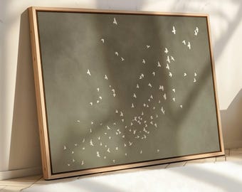 Olive Green Wabi Sabi Canvas Art, Framed Flock of Birds Print, Horizontal Sky Art, Large Minimalist Living Room Decor, Dark Sage Zen Decor