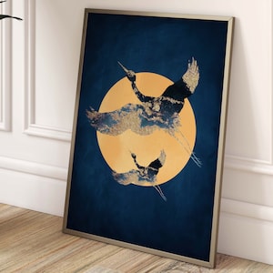 Blau gold Japanische Wandkunst, indigo honigwabe, Abstrakter Kunstdruck, Kraniche, Vögel, Sonne, dunkelblau, gelb, Wohnzimmer Dekor, große Kunst