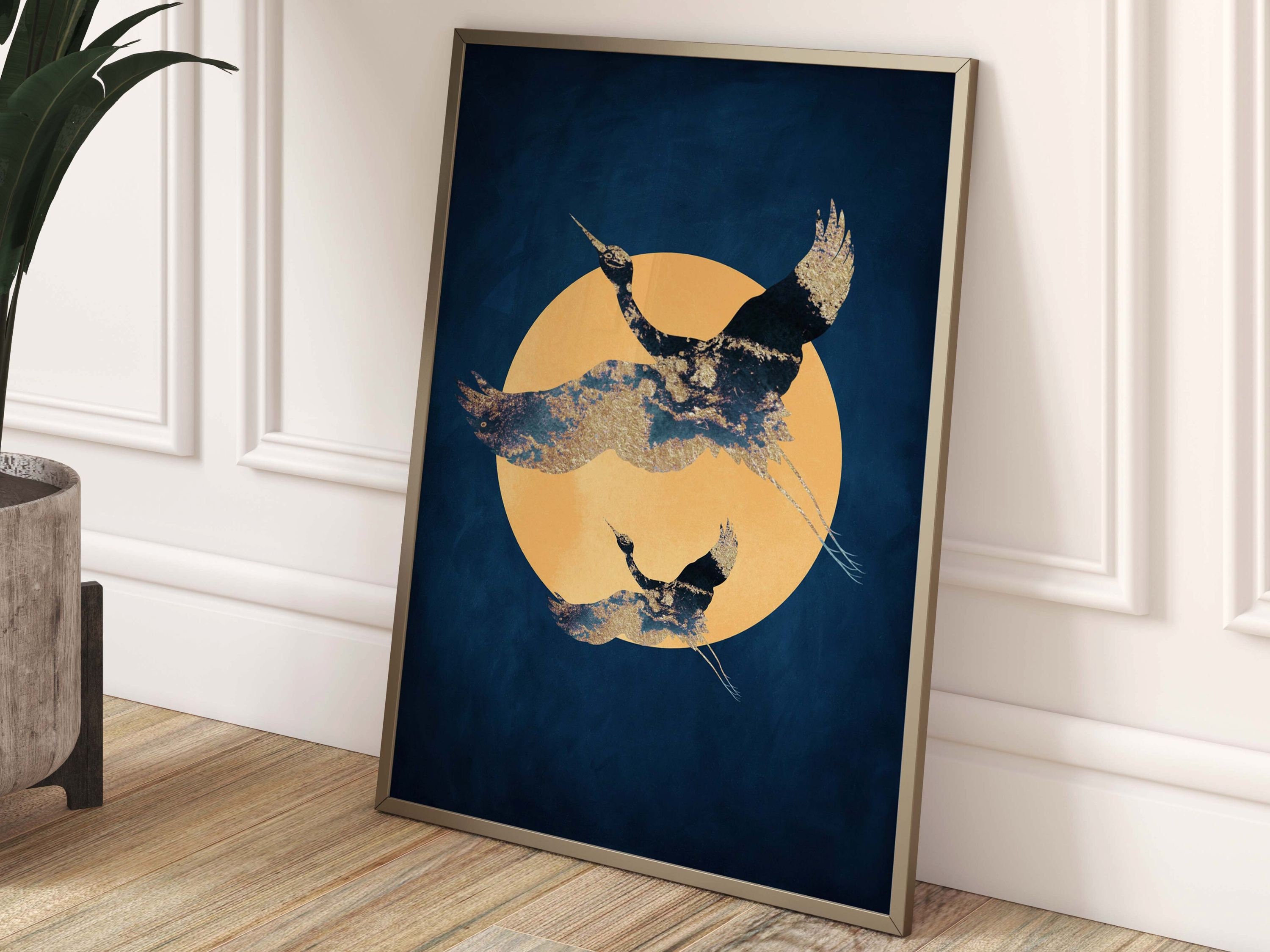 Blue and Gold Japanese Wall Art, Indigo Honeycomb, Abstract Art Print ...