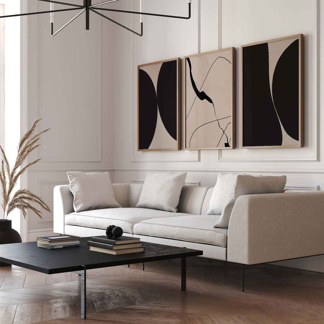 Mid Century Modern Wall Art, Set of 3 Prints, Black & Beige Wall Art ...