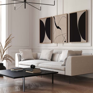 Arte de pared moderno de mediados de siglo, conjunto de 3 impresiones, arte de pared negro y beige, arte abstracto neutro, conjunto de pared de galería, decoración de sala de estar, Japandi