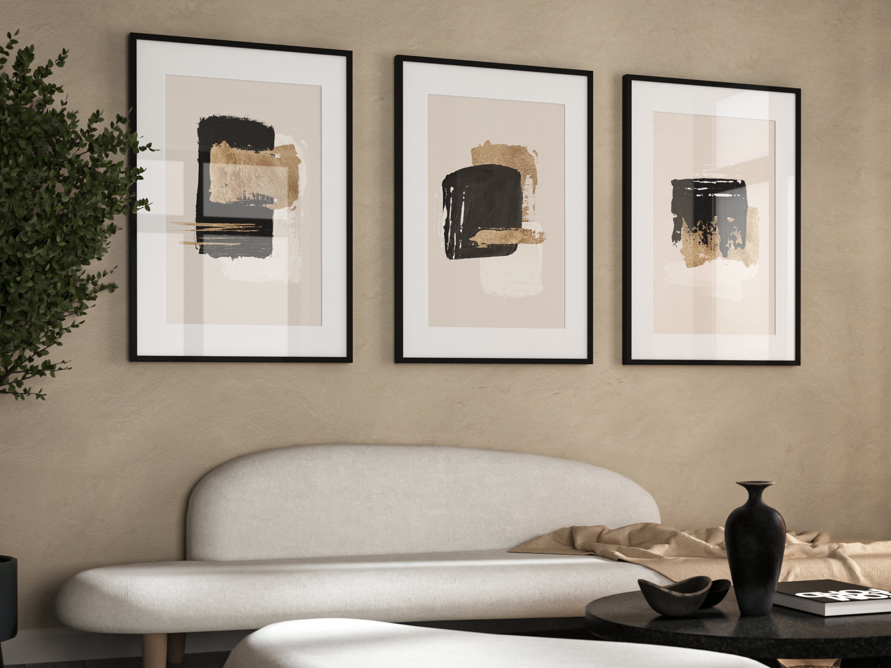 Black and Gold Wall Art, Set of 3 Prints, Beige Wall Art, Abstract Art ...
