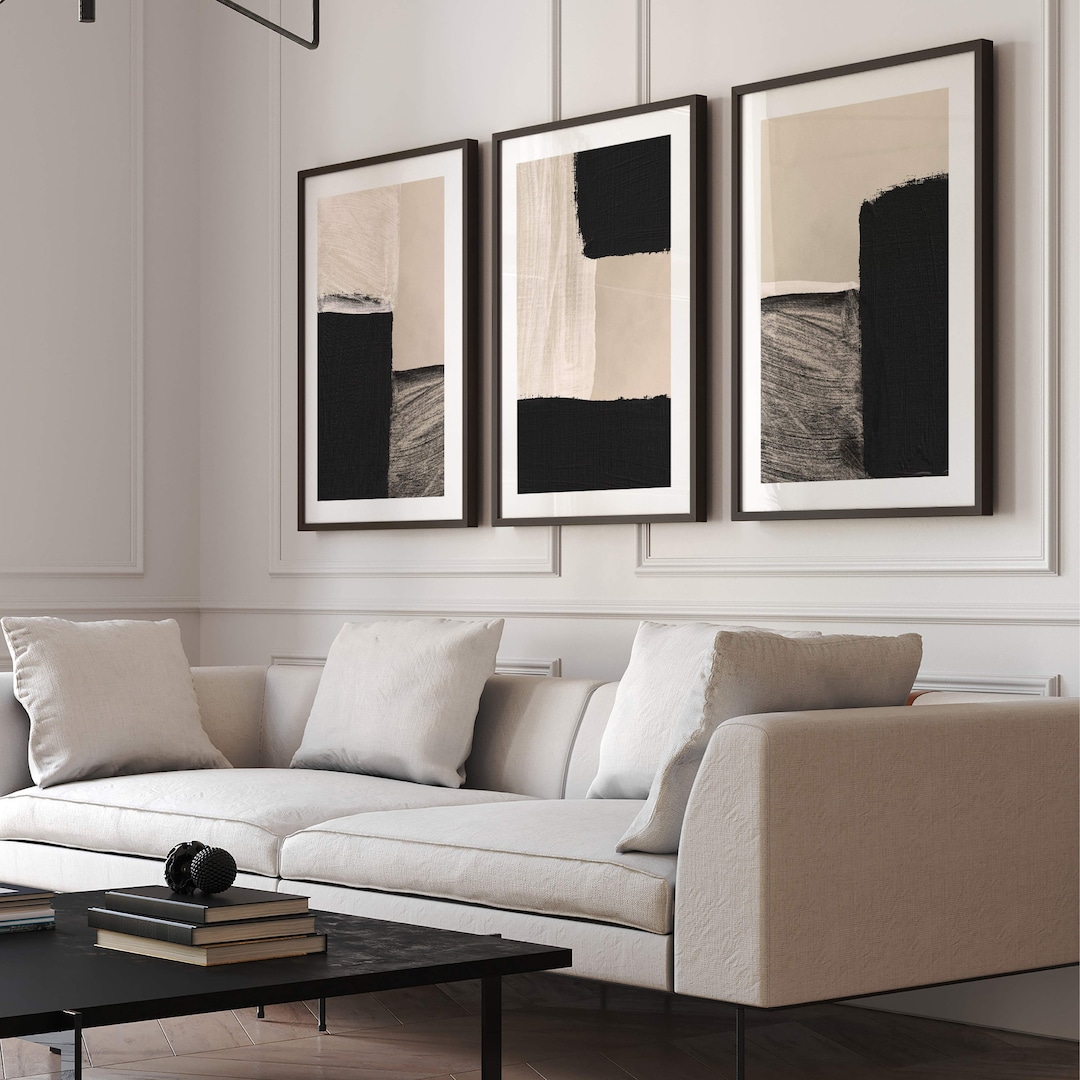 Neutral Abstract Wall Art Set of 3 Prints, Black Beige, Large Wall Art ...