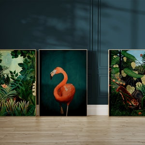 Set of 3 Prints Dark Green Botanical · The Equatorial Jungle, Henri Rousseau · Flamingo Poster · Emerald Green Wall Art · Gallery Wall Set