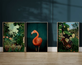 Set of 3 Prints Dark Green Botanical · The Equatorial Jungle, Henri Rousseau · Flamingo Poster · Emerald Green Wall Art · Gallery Wall Set