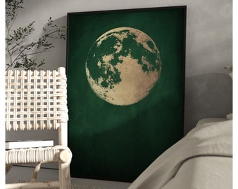 Green and Gold Moon Wall Art Print, Emerald Green Decor, Moon Poster, Lunar, Living Room Decor, Bedroom, Above Bed, Minimalist, Large