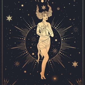 May include: A gold illustration of a woman with a scorpion on a dark blue background with gold stars. The woman has a crown of stars and is holding the scorpion in her hands.