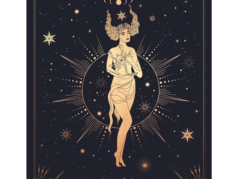 May include: A gold illustration of a woman with a scorpion on a dark blue background with gold stars. The woman has a crown of stars and is holding the scorpion in her hands.