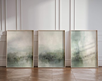 Minimalist Landscape Wall Art, Cottagecore Decor, Modern Farmhouse Painting, Set of 3 Prints, Triptych Sage Green Living Room Decor, Zen Art