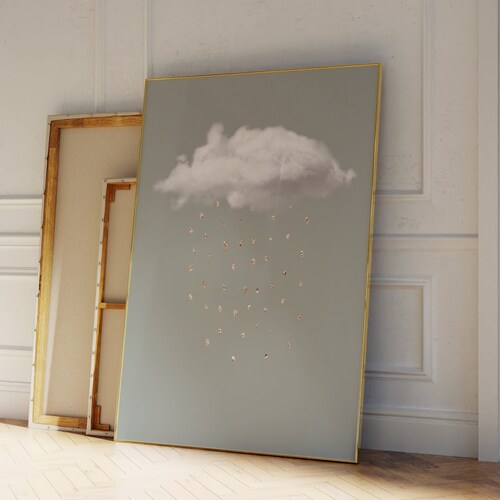 Art mural nuage vert sauge et or, décor vert sauge, affiche d'impression de nuage de pluie, décoration murale de salon, minimaliste moderne, décor au-dessus du lit