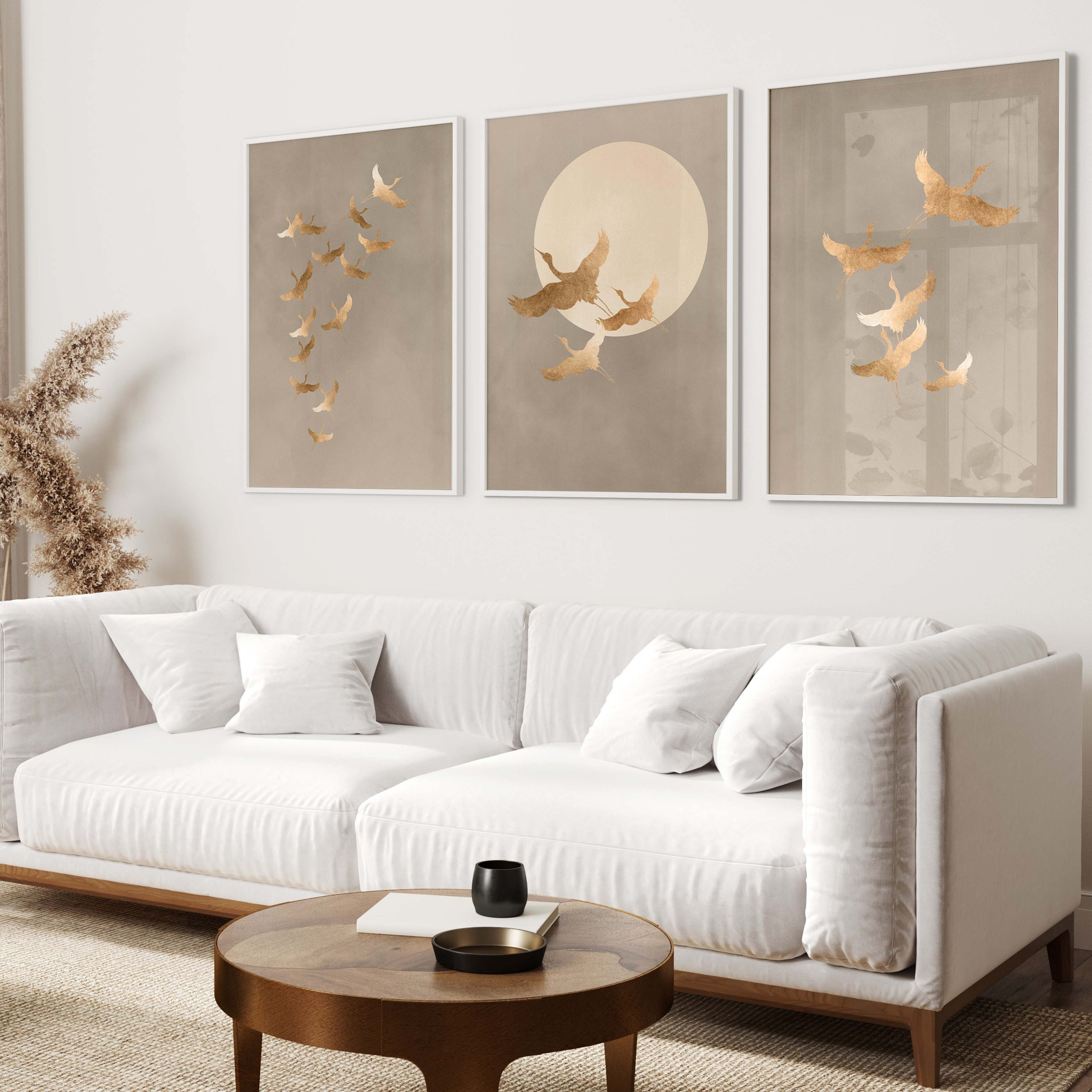 Gold Cranes Japanese Wall Art Prints, Set of 3 Prints, Beige