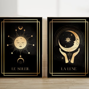 Arte de parede preta e dourada do sol e da lua · Impressões de arte de tarô · Conjunto de 2 gravuras · Decoração celestial · Arte da lua · Decoração Boho · Presentes espirituais