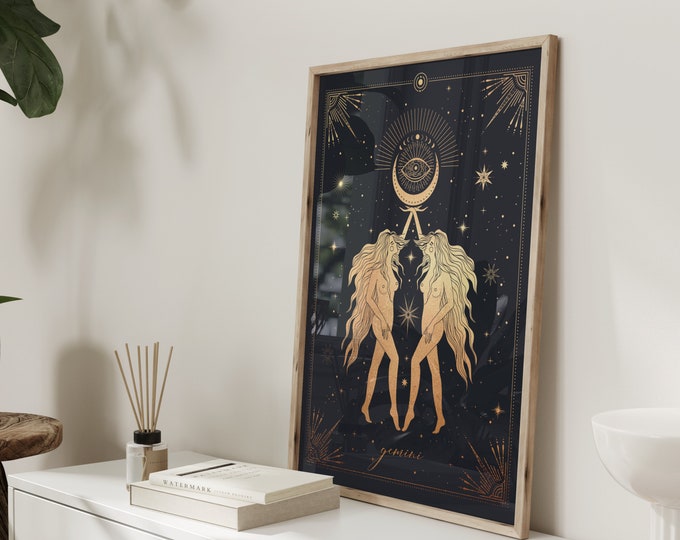 Gemini Zodiac Print Zwart en Goud · Tweelingen Poster · Tweelingen Geschenken · Dierenriem Print · Astrologie Wall Art, verjaardagscadeau, beste vriend cadeau,