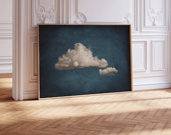 Moody Blue Cloud Wall Art Print, Abstract Art, Dark Blue Minimalist Wall Art, Above Bed Decor, Large Living Room Decor, Horizontal Wall Art