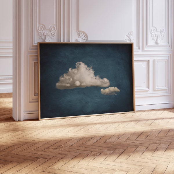 Moody Blue Cloud Wall Art Print, Abstract Art, Dark Blue Minimalist Wall Art, Above Bed Decor, Large Living Room Decor, Horizontal Wall Art