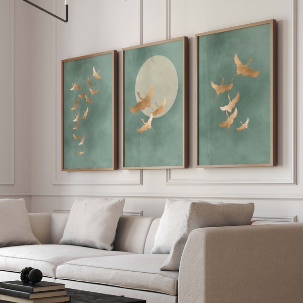 Sage Green Cranes Wall Art Prints, set van 3 prints, Japanse muurkunst, Japandi kunst, vogels, minimalistisch, groot, woonkamer decor, goud