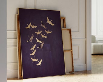 Lila und Gold Japanische Wandkunst, Fliegende Kraniche Japanischer Druck, Wohnzimmer Dekoration, Maximalistisches eklektisches Dekor, Große Wandkunst, Vögel