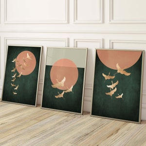 Green and Gold Cranes Wall Art Prints, Set of 3 Prints, Japanese, Japandi Art, Birds, Orange Sun, Large, Living Room Decor, Dark Green