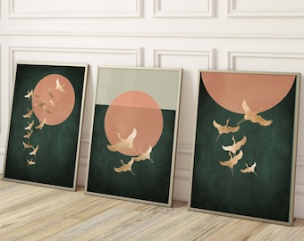Green and Gold Cranes Wall Art Prints, Set of 3 Prints, Japanese, Japandi Art, Birds, Orange Sun, Large, Living Room Decor, Dark Green