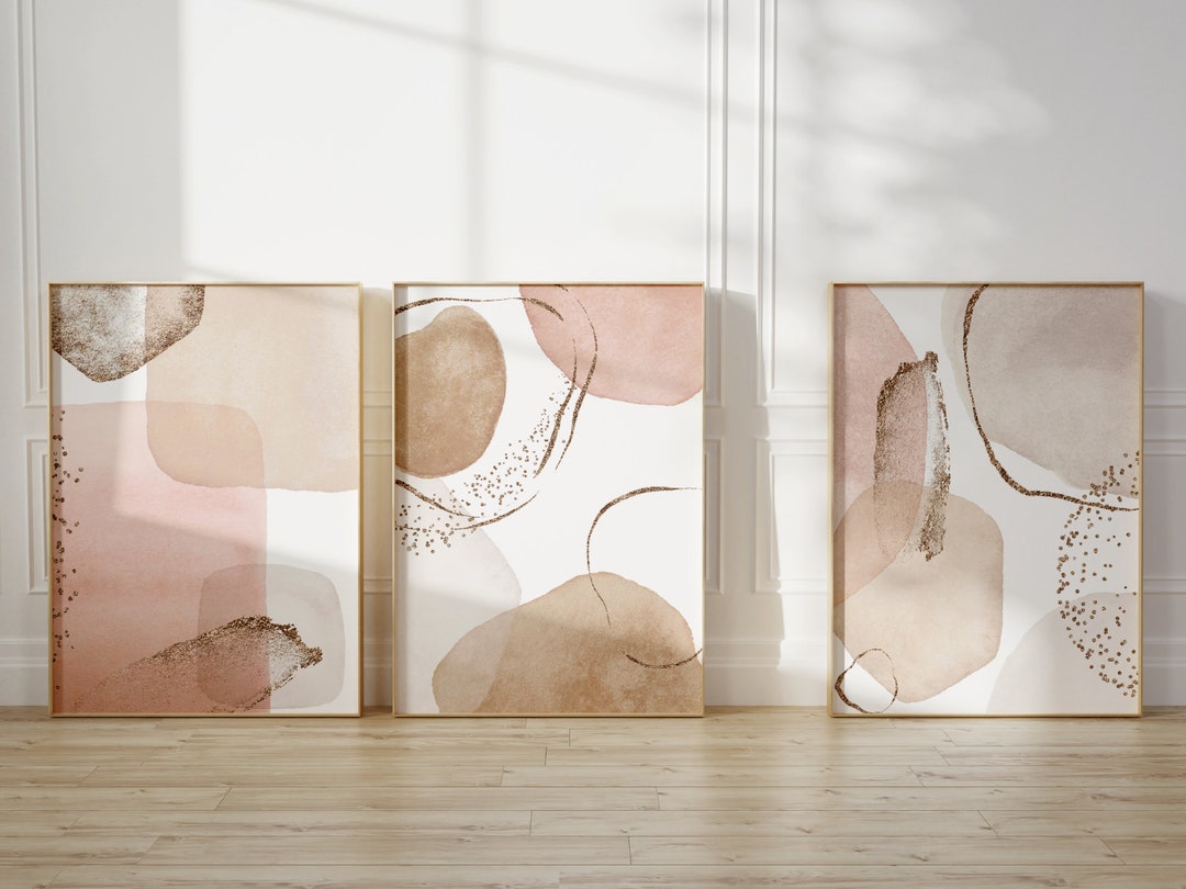 Blush Pink and Beige Abstract Art Set of 3 Prints pastel Room Decor