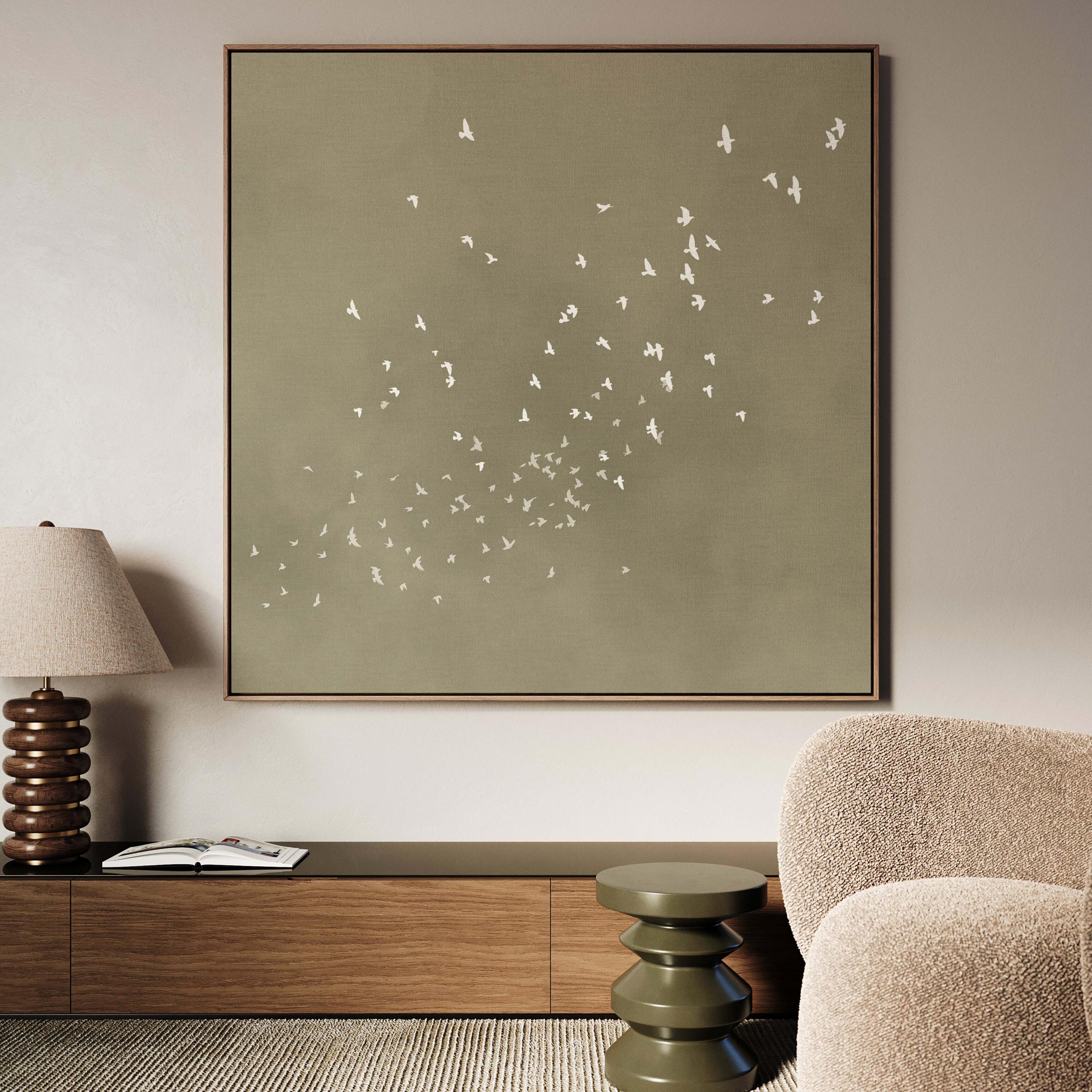 Olive Green Birds Canvas Wall Art, Framed Flock of Birds Print, Japandi Decor, Wabi Sabi Japanese Art, Large Living Room Decor, Zen Art