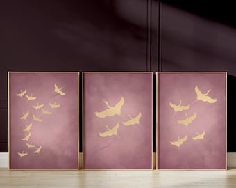 Pink and Gold Japanese Wall Art, Set of 3 Prints, Japanese Art, Crane, Japandi Decor, Minimalist, Large, Living Room Decor, Gallery Wall Set